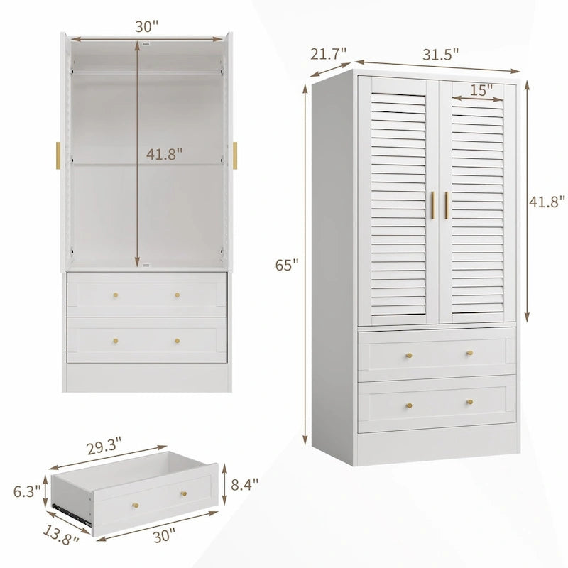 Wardrobe Armoire Closet with 2 Shutter Doors, White