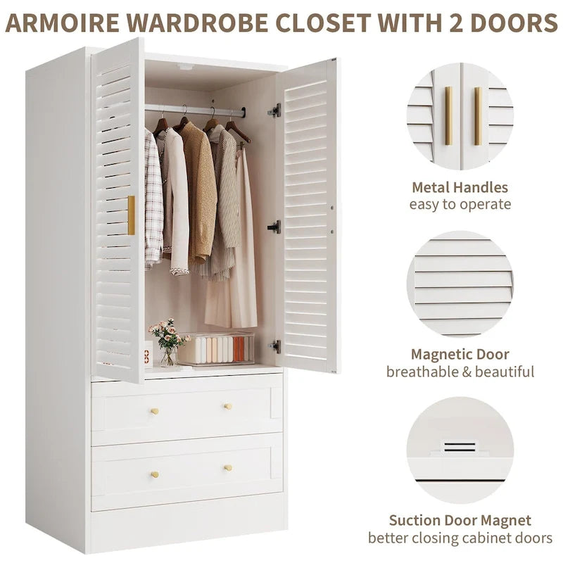 Wardrobe Armoire Closet with 2 Shutter Doors, White