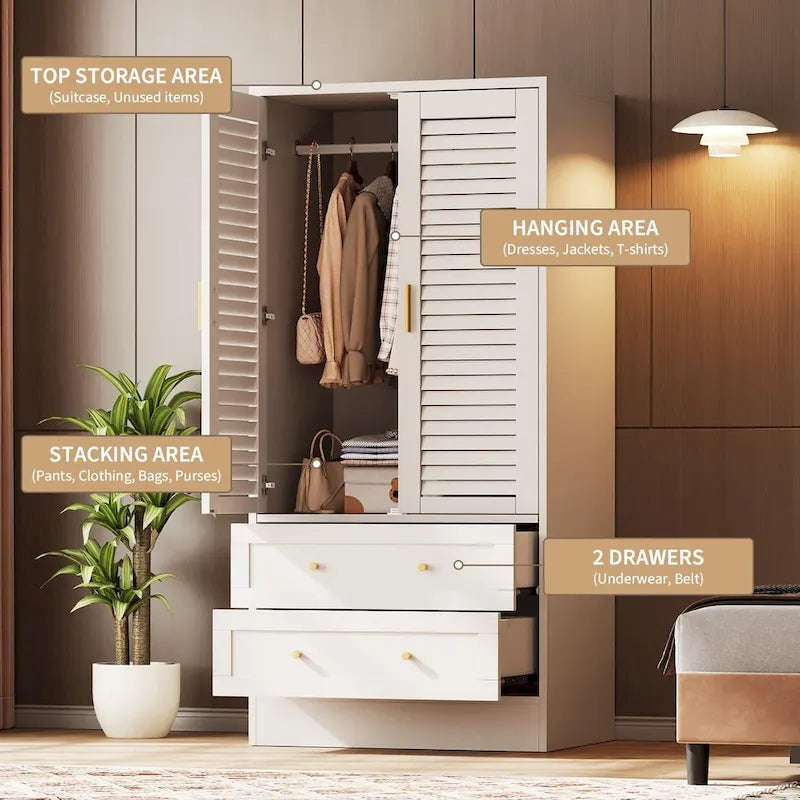 Wardrobe Armoire Closet with 2 Shutter Doors, White