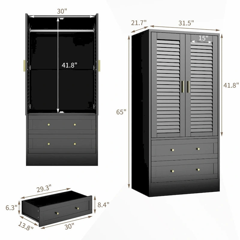 Wardrobe Armoire Closet with 2 Shutter Doors, White