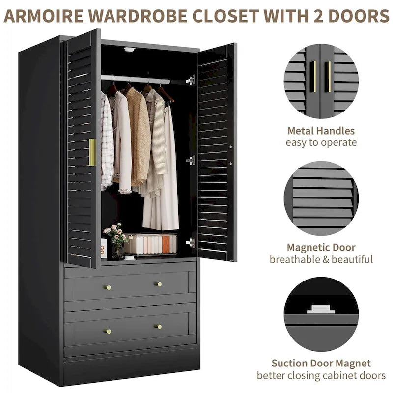 Wardrobe Armoire Closet with 2 Shutter Doors, White