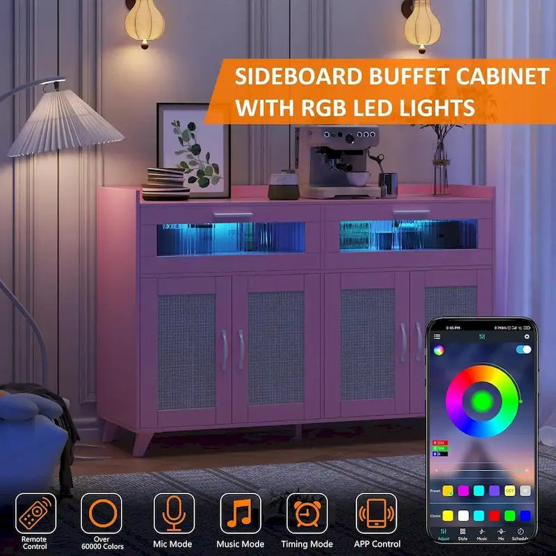 Sideboard Buffet Cabinet with LED Light & Power Outlet Storage Cabinet Coffee Bar Table