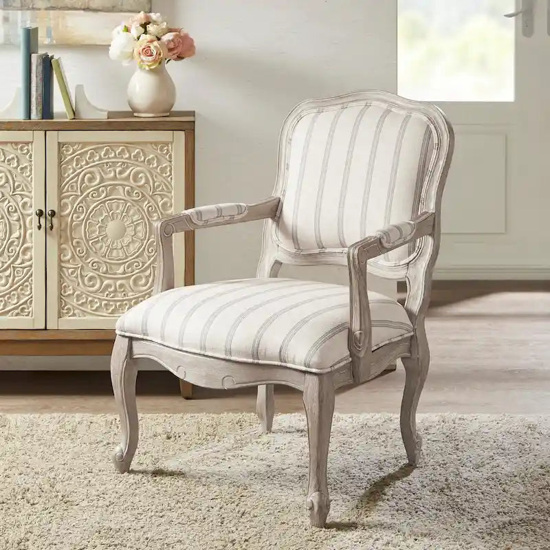 Natural Stripe Camel Back Accent Chair with Exposed Wood Arms