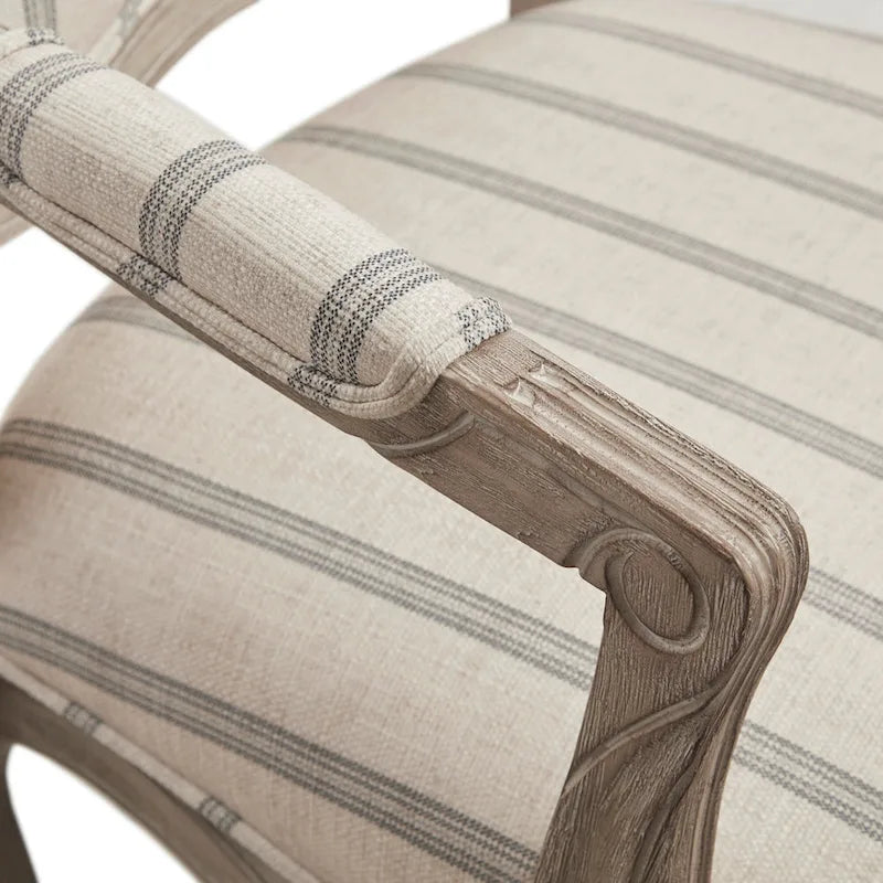 Natural Stripe Camel Back Accent Chair with Exposed Wood Arms