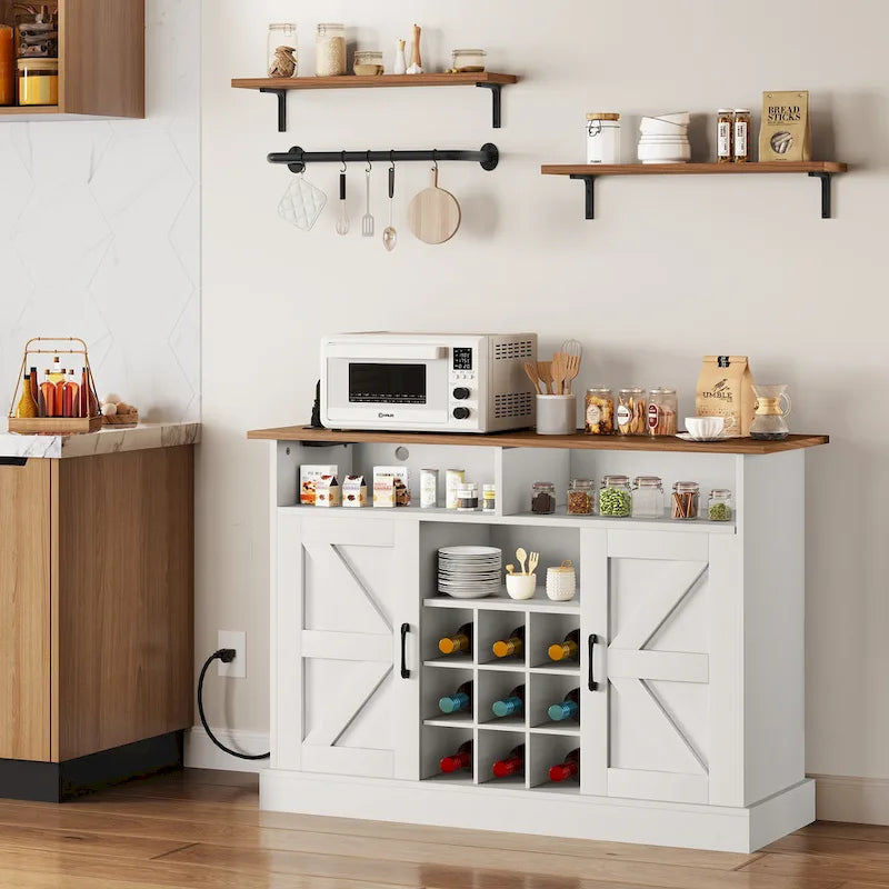 52" Farmhouse Coffee Bar Cabinet with Barn Doors & Wine Rack