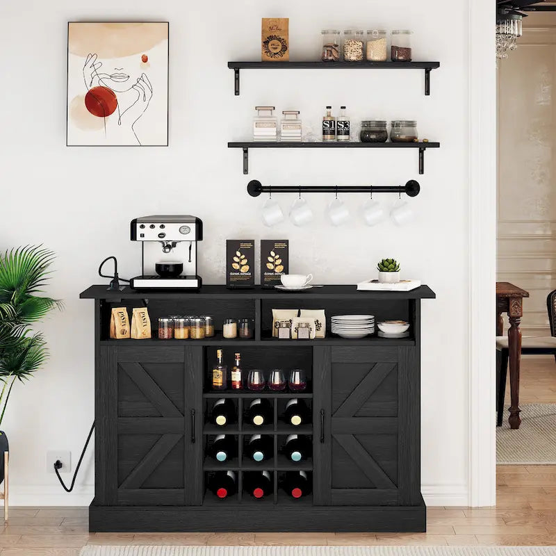 52" Farmhouse Coffee Bar Cabinet with Barn Doors & Wine Rack