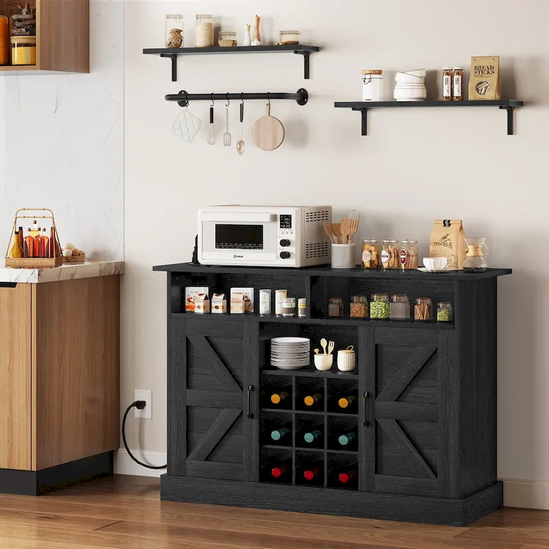 52" Farmhouse Coffee Bar Cabinet with Barn Doors & Wine Rack