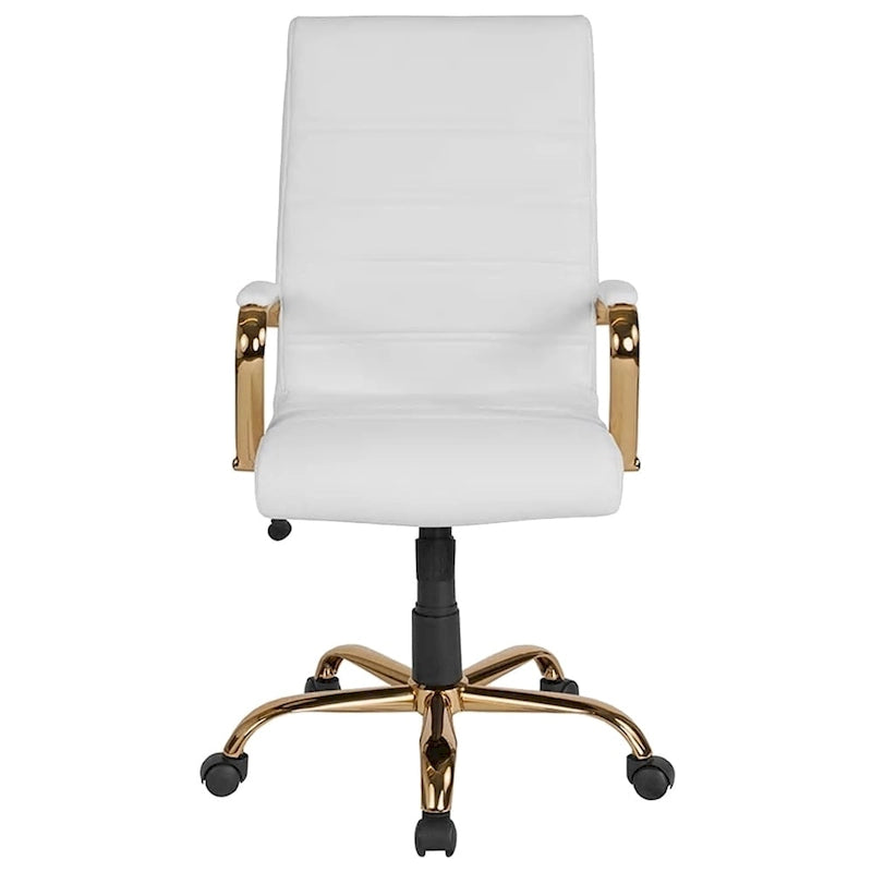 High Back White Leather Executive Office Chair with Gold Frame