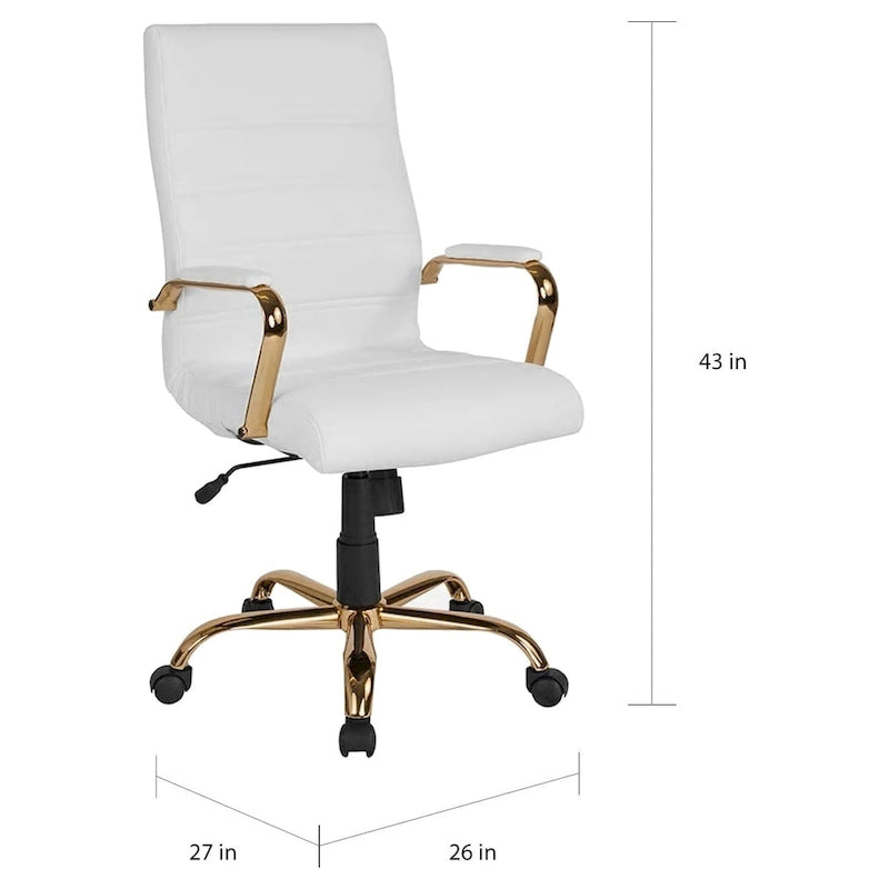 High Back White Leather Executive Office Chair with Gold Frame