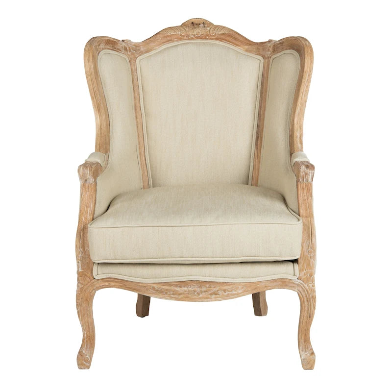 Natural Linen Camelback Wing Chair with Oak Finish Frame