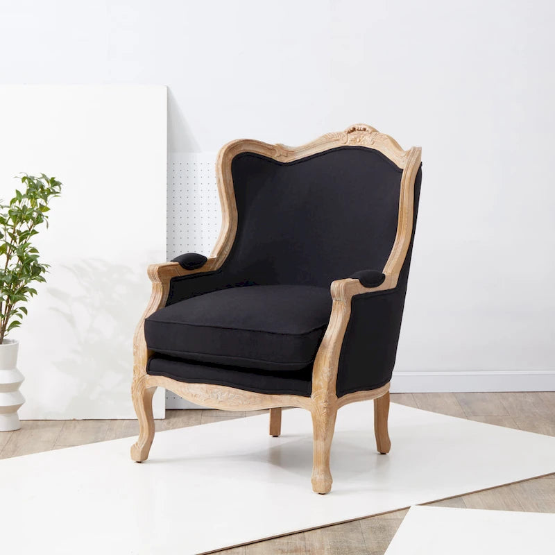 Natural Linen Camelback Wing Chair with Oak Finish Frame