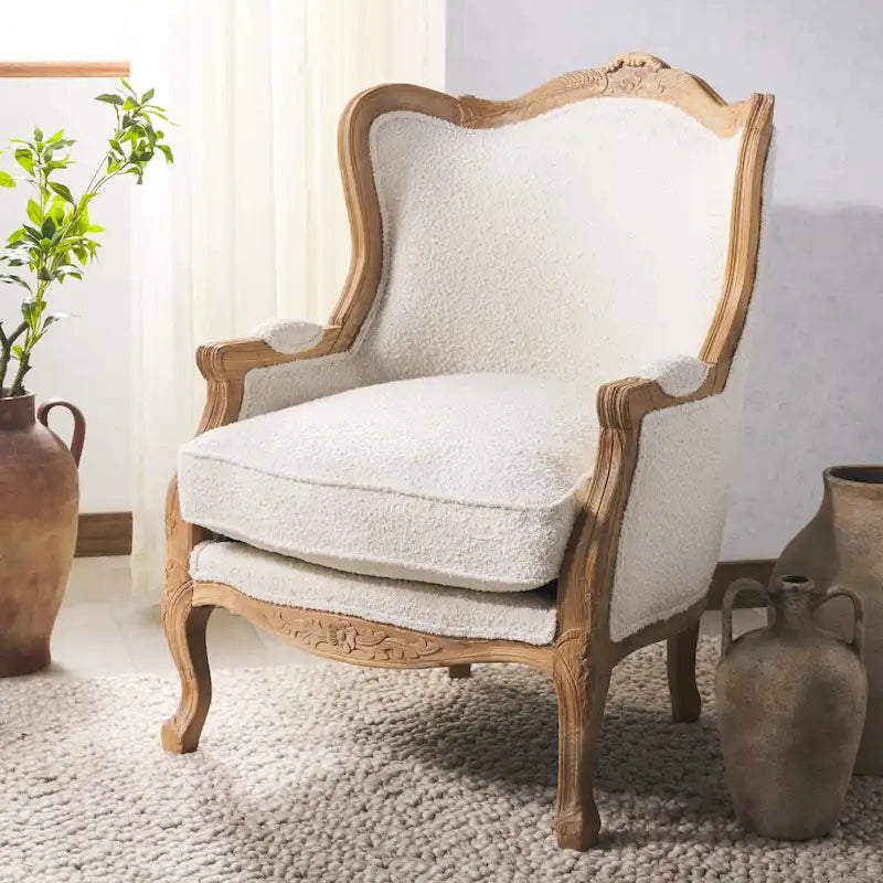 Natural Linen Camelback Wing Chair with Oak Finish Frame