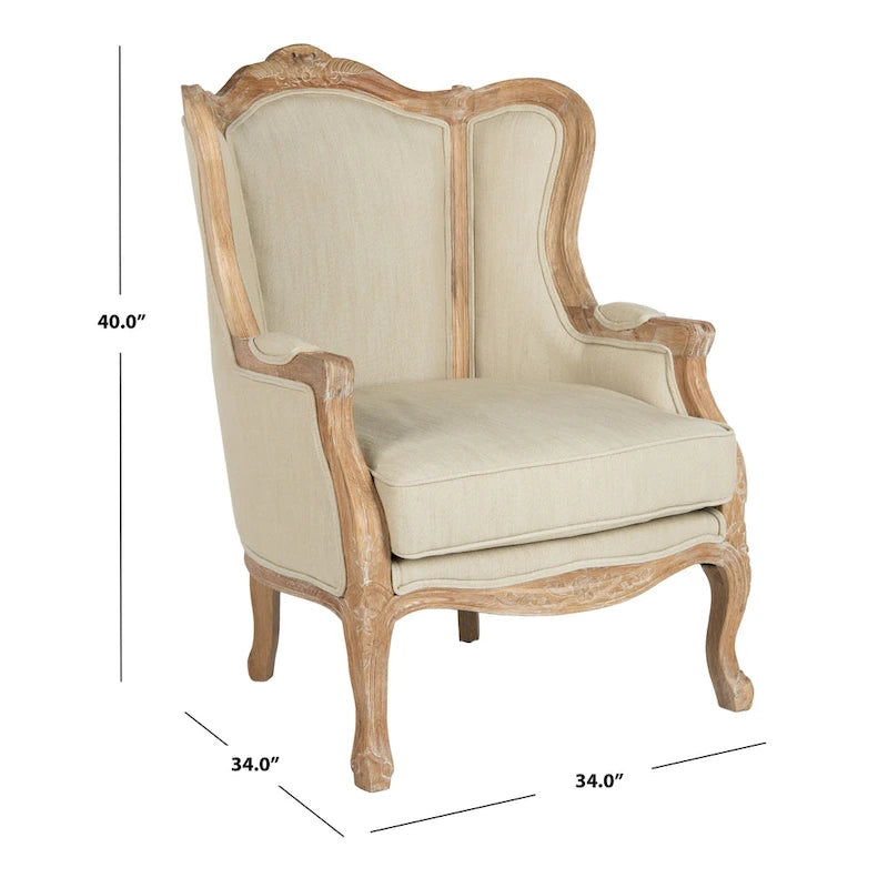 Natural Linen Camelback Wing Chair with Oak Finish Frame