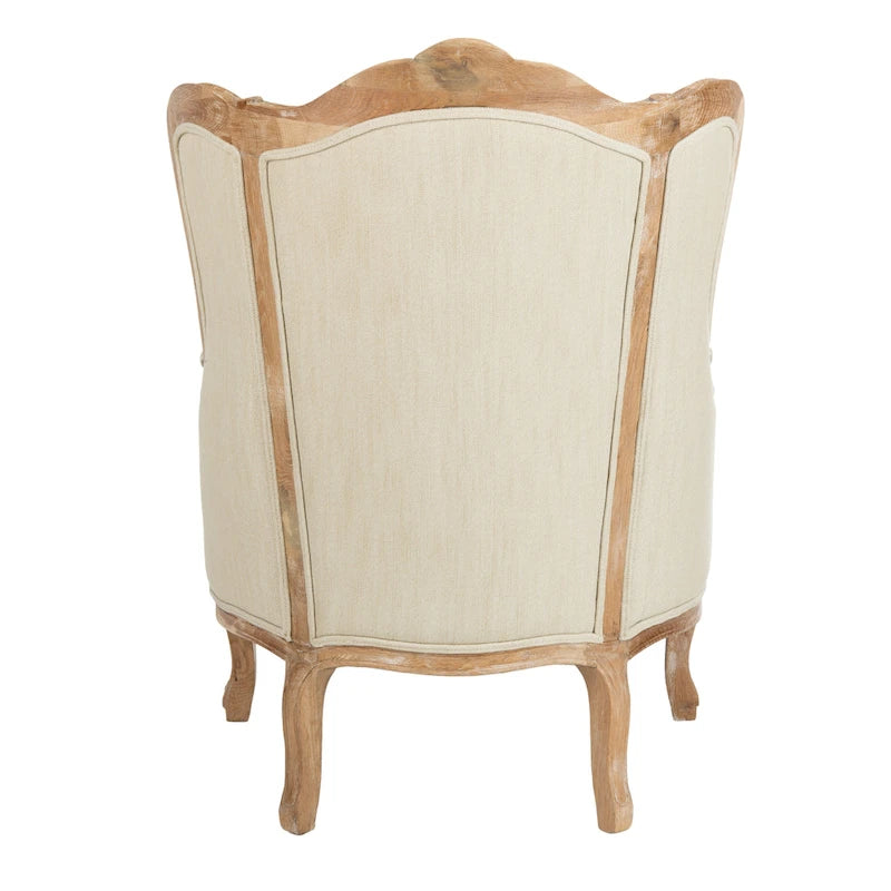 Natural Linen Camelback Wing Chair with Oak Finish Frame
