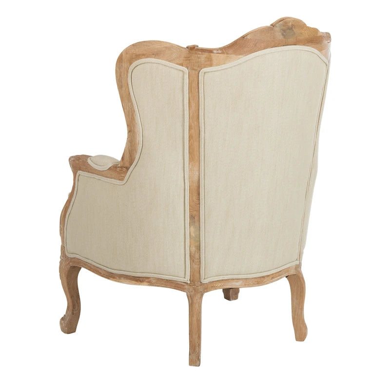 Natural Linen Camelback Wing Chair with Oak Finish Frame
