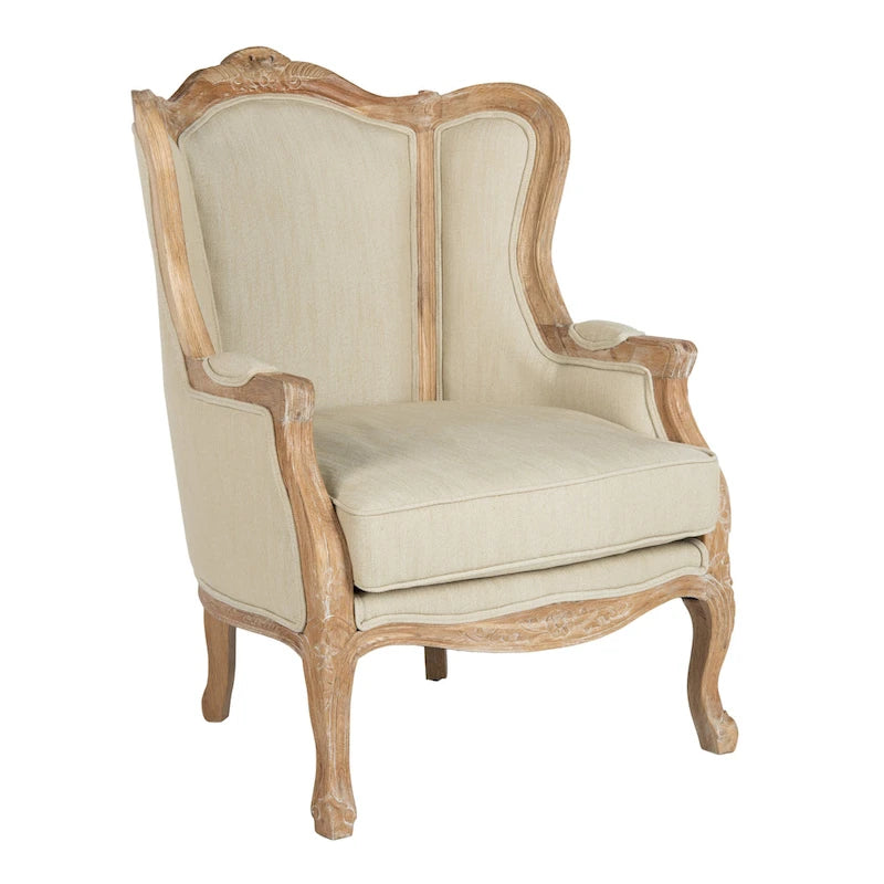 Natural Linen Camelback Wing Chair with Oak Finish Frame