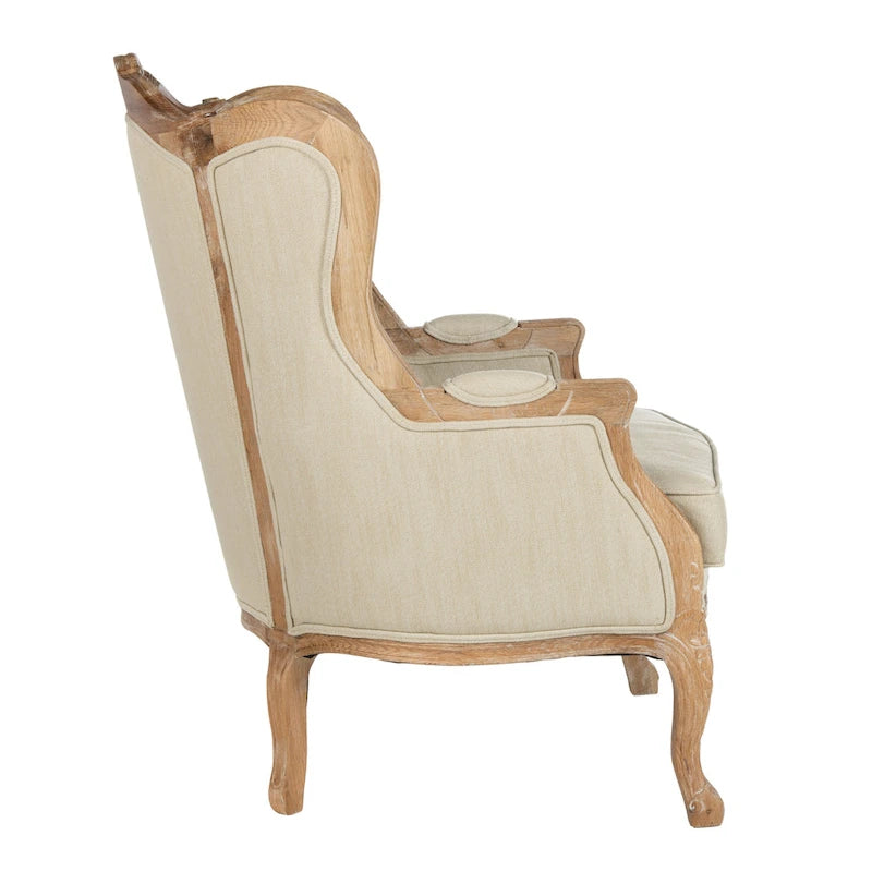 Natural Linen Camelback Wing Chair with Oak Finish Frame