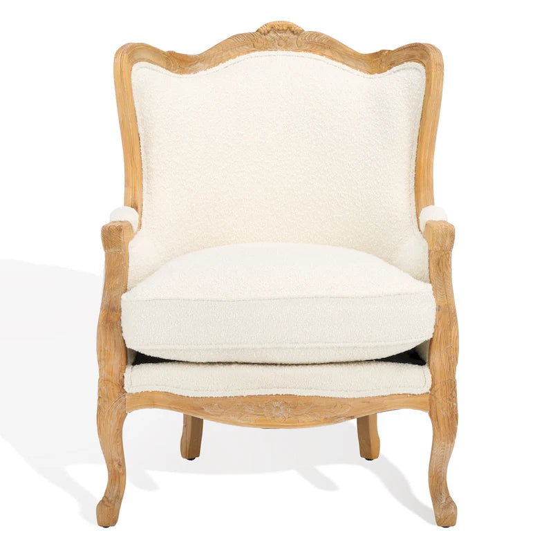 Natural Linen Camelback Wing Chair with Oak Finish Frame