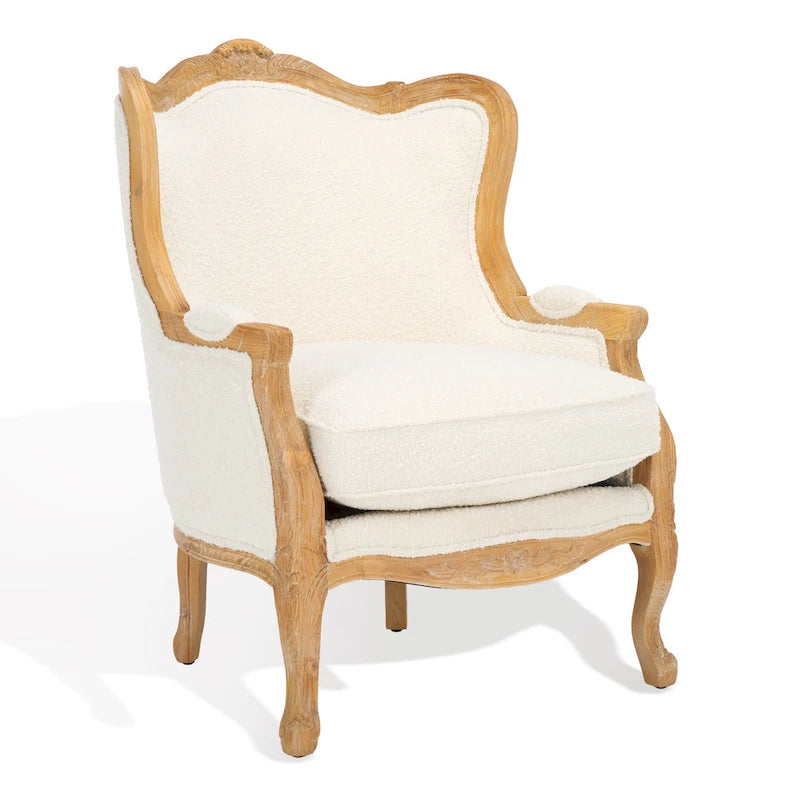 Natural Linen Camelback Wing Chair with Oak Finish Frame