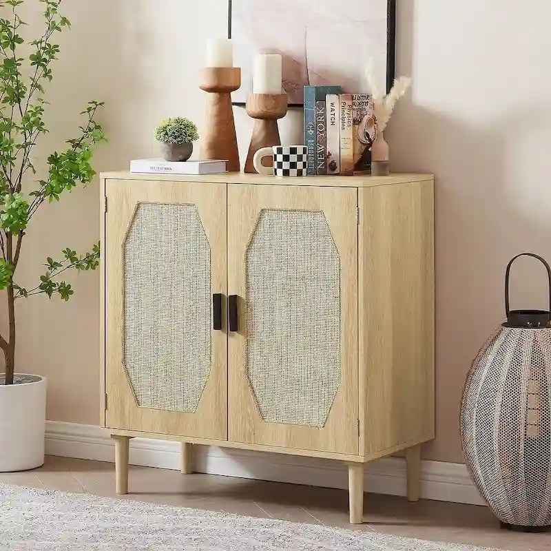Rustic Storage Cabinet with 2 Rattan Doors