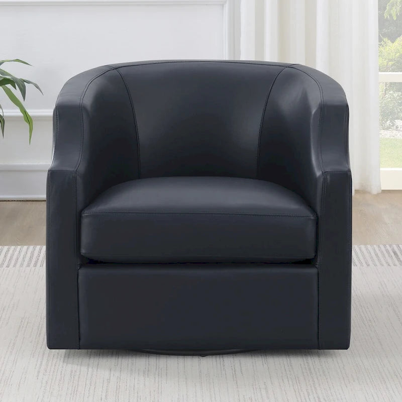 Midnight Blue Top Grain Leather Swivel Glider Barrel Chair