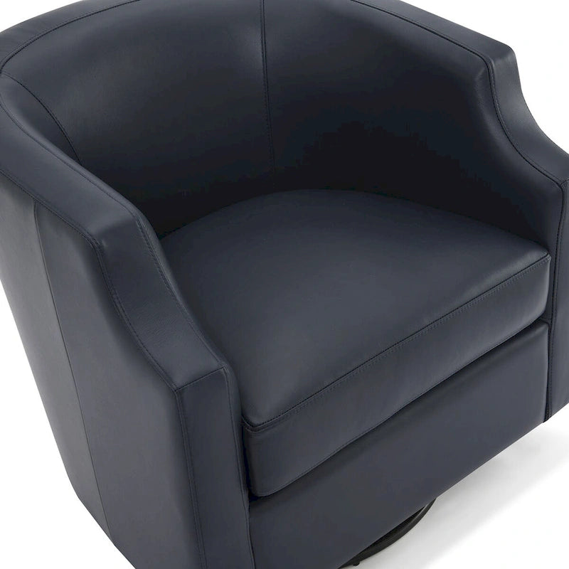 Midnight Blue Top Grain Leather Swivel Glider Barrel Chair