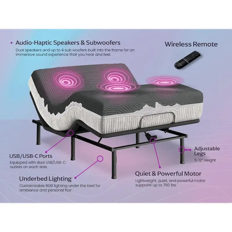 Adjustable Bed Base & Specialty Flex Top Mattress with Haptics and Sound