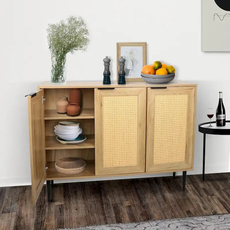 47.24  Wooden Storage Cabinet with 3 Rattan Doors and 3 Shelves