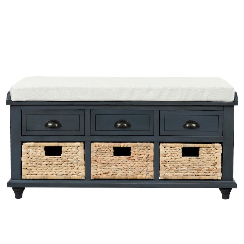 Rustic Storage Bench with 3 Drawers and 3 Rattan Baskets, Shoe Bench for Living Room, Entryway
