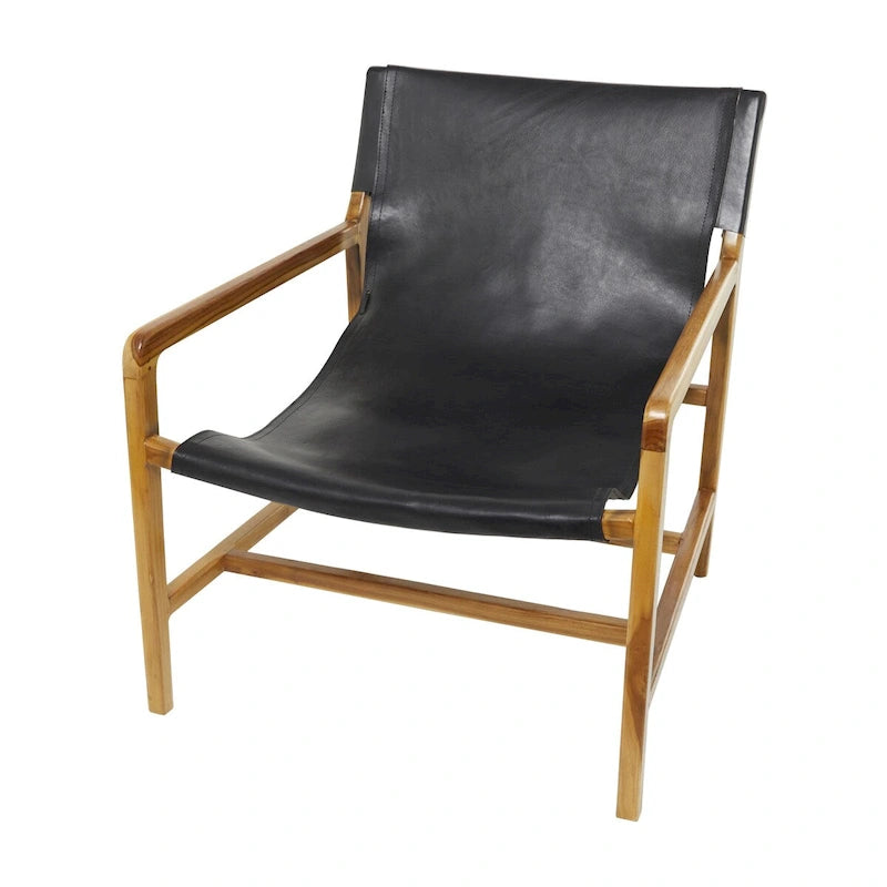 Genuine Leather Accent Chair with Teak Wood Frame