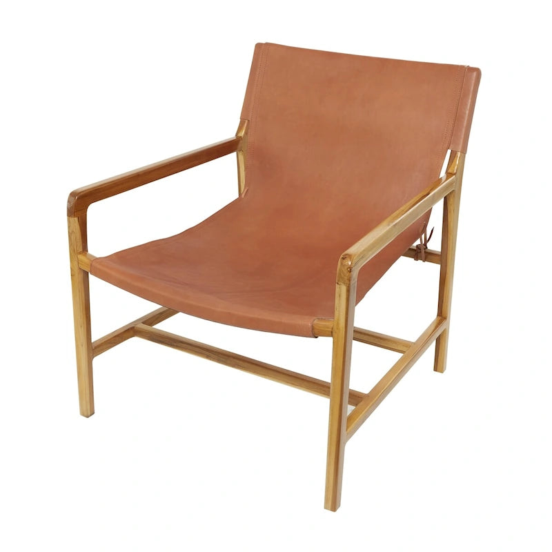 Genuine Leather Accent Chair with Teak Wood Frame