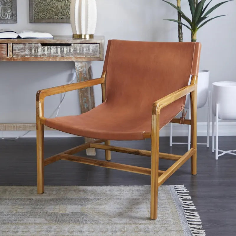 Genuine Leather Accent Chair with Teak Wood Frame