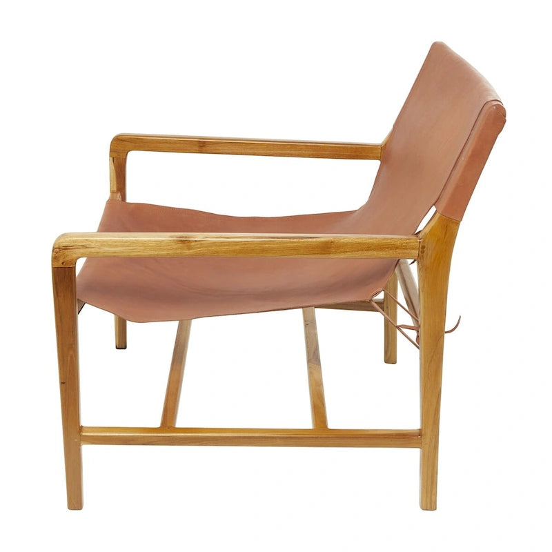 Genuine Leather Accent Chair with Teak Wood Frame