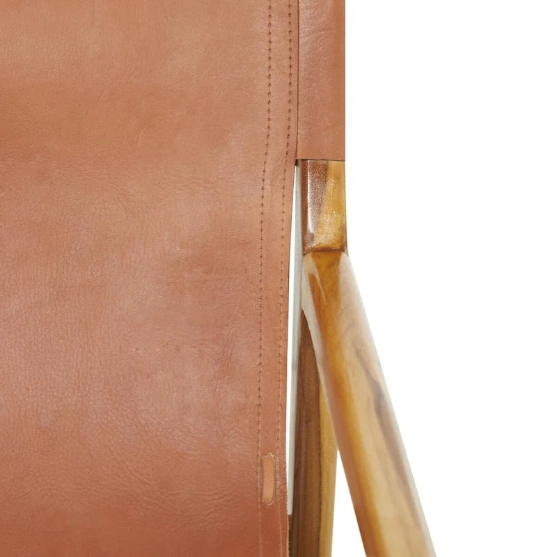 Genuine Leather Accent Chair with Teak Wood Frame