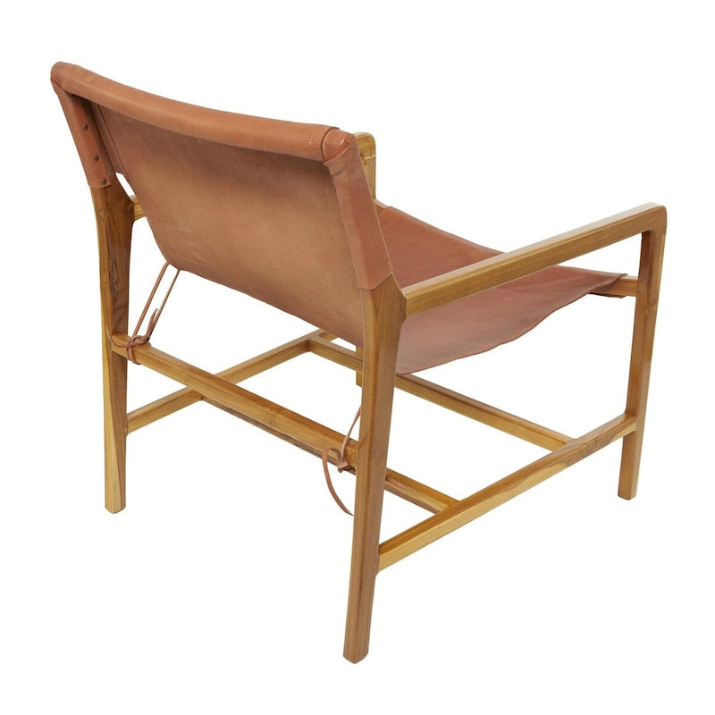 Genuine Leather Accent Chair with Teak Wood Frame