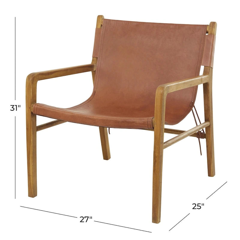 Genuine Leather Accent Chair with Teak Wood Frame