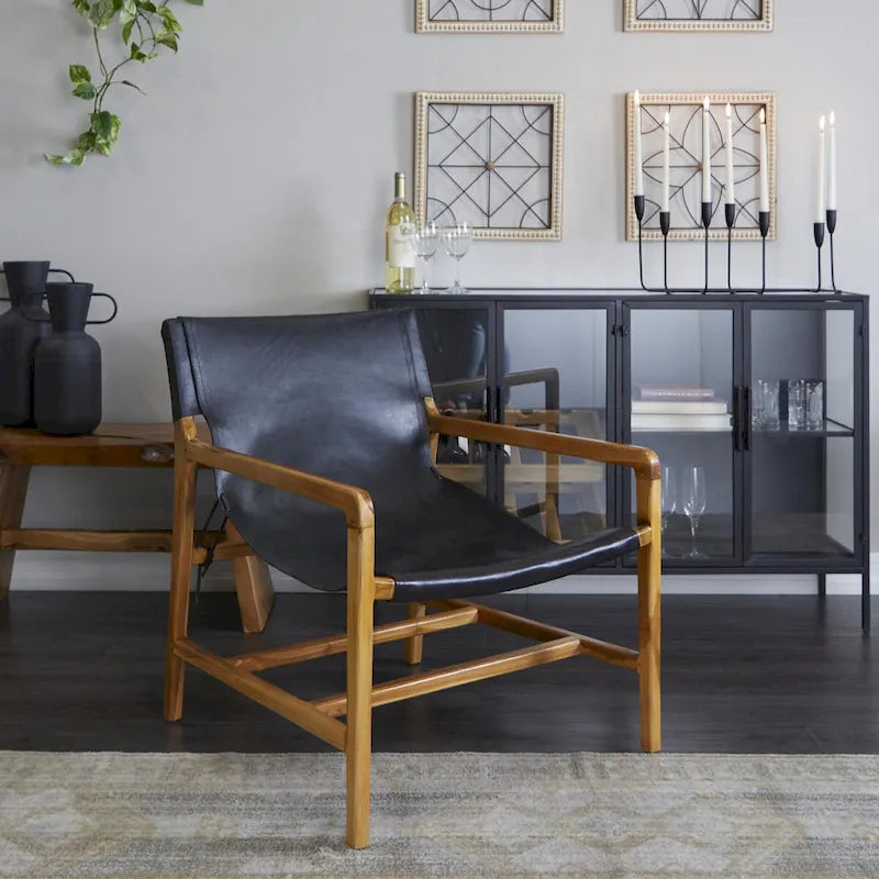 Genuine Leather Accent Chair with Teak Wood Frame