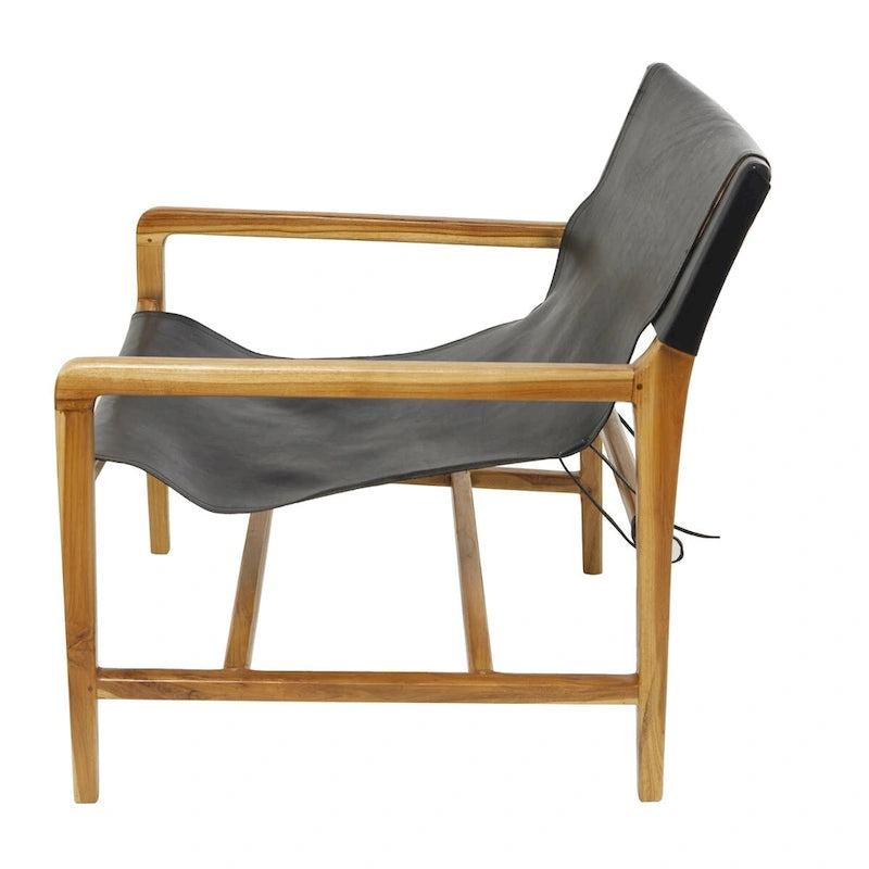 Genuine Leather Accent Chair with Teak Wood Frame