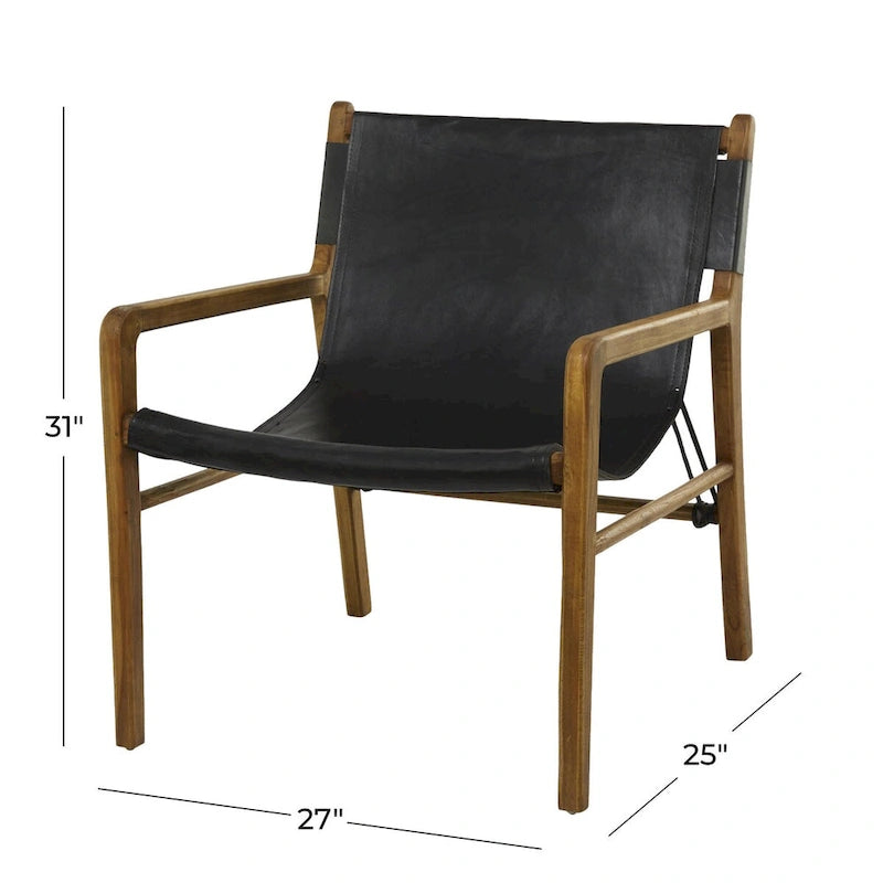 Genuine Leather Accent Chair with Teak Wood Frame