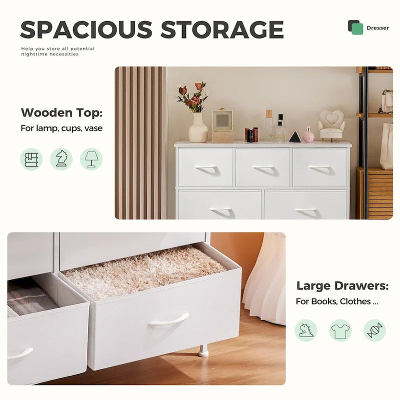 7-Drawer Fabric Dresser with Steel Frame - White